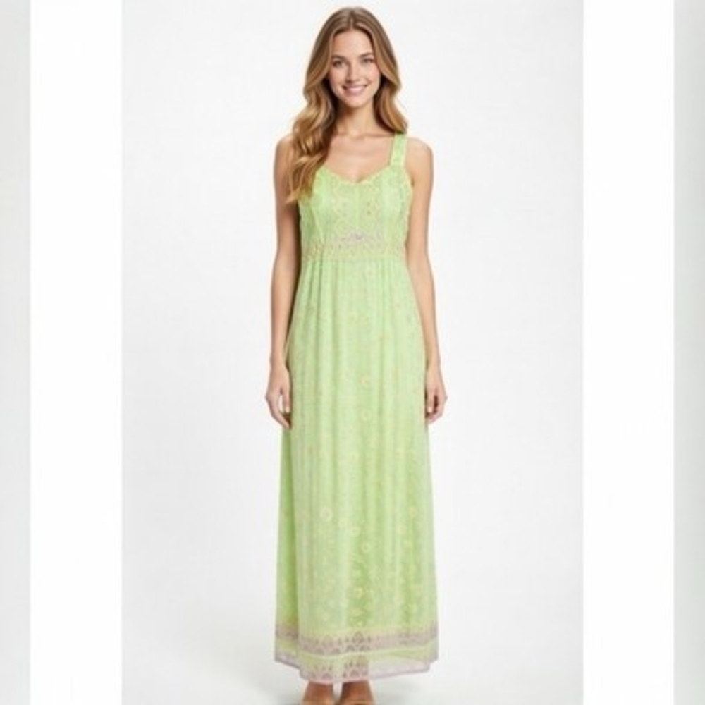 Custom Silk Floral Halter Maxi Dress Light Green Pink Sleeveless Gown Size M